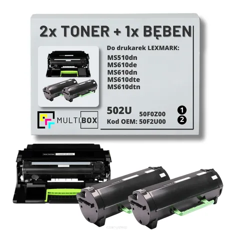 3-PAK Multibox 2x Toner + 1x Bęben do LEXMARK MS510 MS610 502U 50F2U00 50F0Z00 2x20.0K/60.0K zamiennik