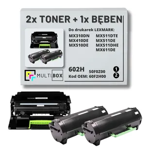 3-PAK Multibox 2x Toner + 1x Bęben do LEXMARK MX310 MX410 MX510 602H 60F2H00 50F0Z00 2x10.0K/60.0K zamiennik